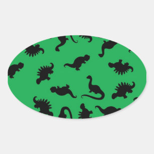 Dinosaur Silhouettes on Green Background Pattern Oval Sticker