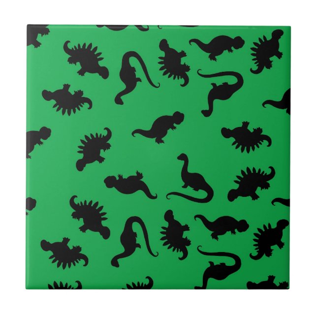 Dinosaur Silhouettes on Green Background Pattern Tile (Front)
