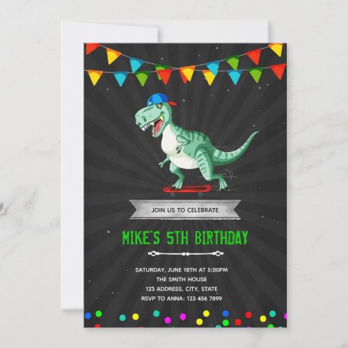 Dinosaur skateboard birthday party invitation