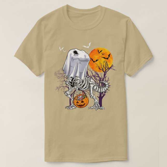 Dinosaur Skeleton Funny Halloween Candy Pumpkin  T-Shirt (Design Front)