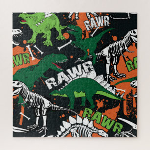 Dinosaur skeleton, grunge seamless pattern. jigsaw puzzle