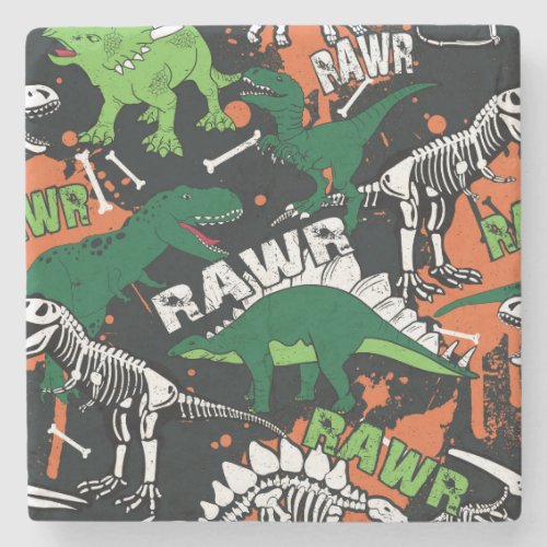 Dinosaur skeleton grunge seamless pattern stone coaster