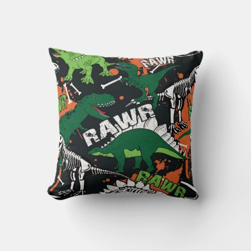 Dinosaur skeleton grunge seamless pattern throw pillow