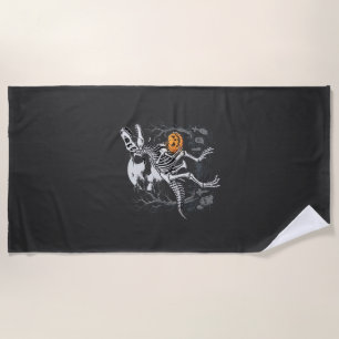 Dinosaur Skeleton Halloween Pumpkin Graveyard Desi Beach Towel