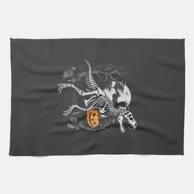 Dinosaur Skeleton Halloween Pumpkin Graveyard Desi Kitchen Towel (Horizontal)