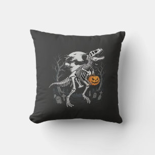 Dinosaur Skeleton Halloween Pumpkin Graveyard Desi Throw Pillow