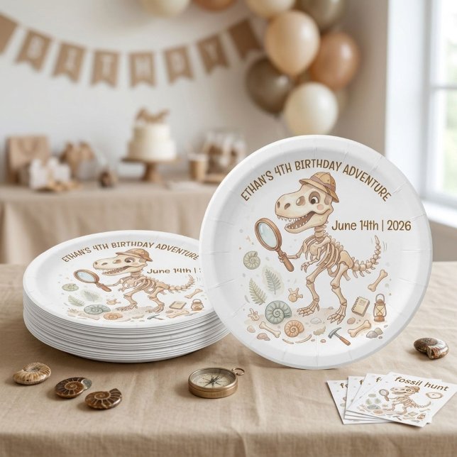 Dinosaur Skeleton Paleontologist Boy 4th Birthday Paper Plates (Creator Uploaded)