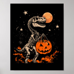 Dinosaur Skeleton Scary Pumpkin Moon Halloween Boy Poster