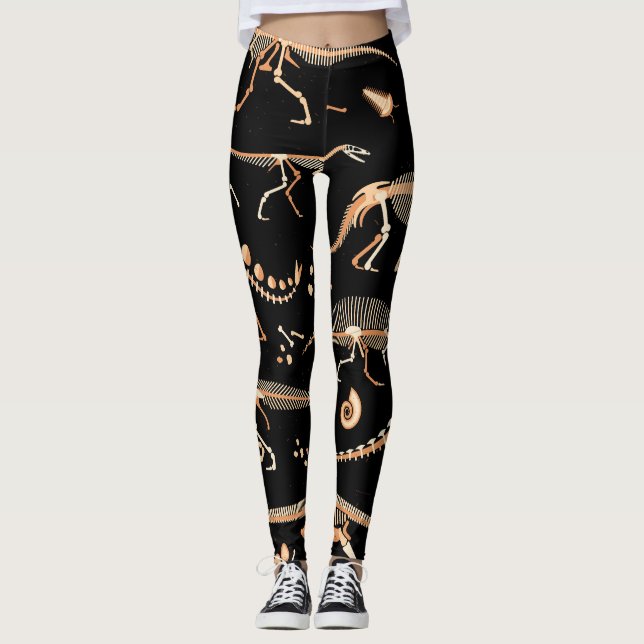 Dinosaur skeletons, fossils, vintage pattern. leggings (Front)
