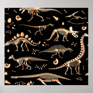 Dinosaur skeletons, fossils, vintage pattern. poster