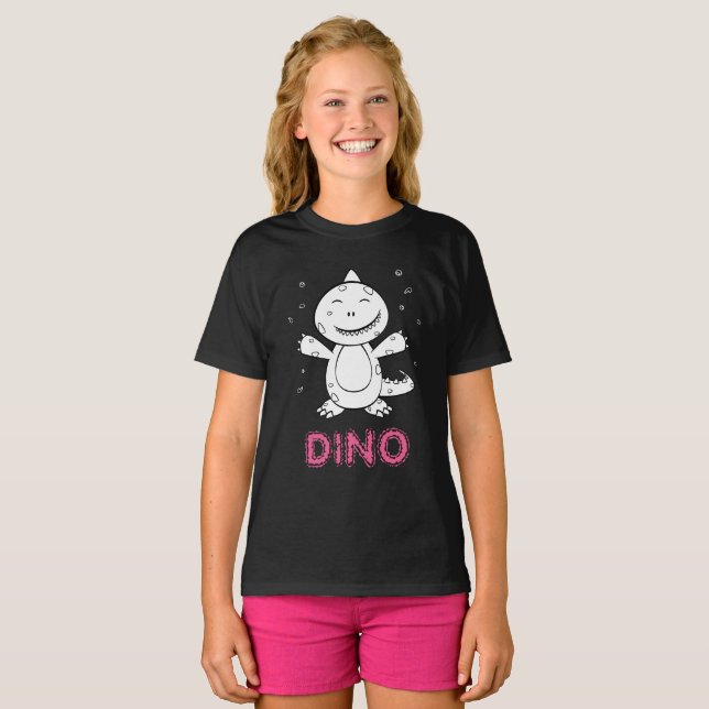 Dinosaur - Sketched Animal - Black, White & Pink T-Shirt (Front Full)