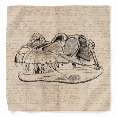Dinosaur Skull Illustration  Antique Script Paper Bandana