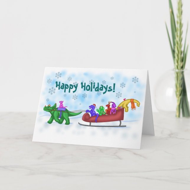 Dinosaur Sleigh Ride Holiday Card (Front)