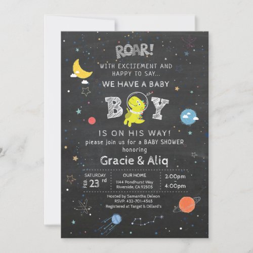 Dinosaur Space Galaxy Chalkboard Baby Astronount I Invitation