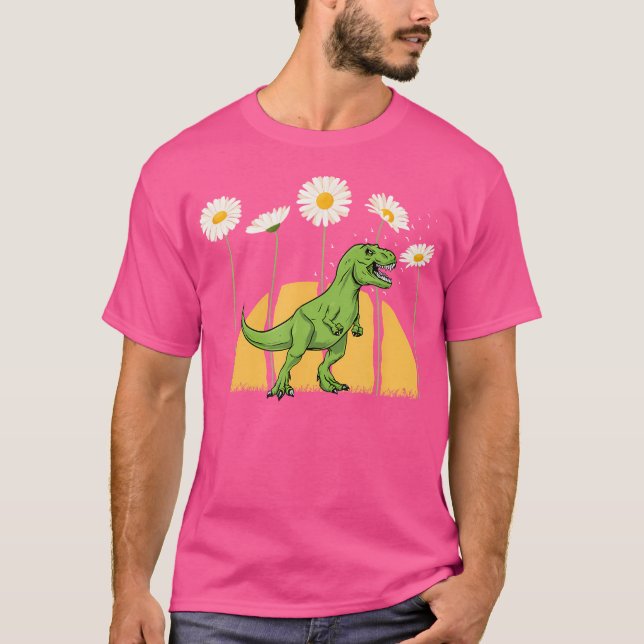 Dinosaur Spring Sunset Towering Daisy Flowers Dino T-Shirt (Front)