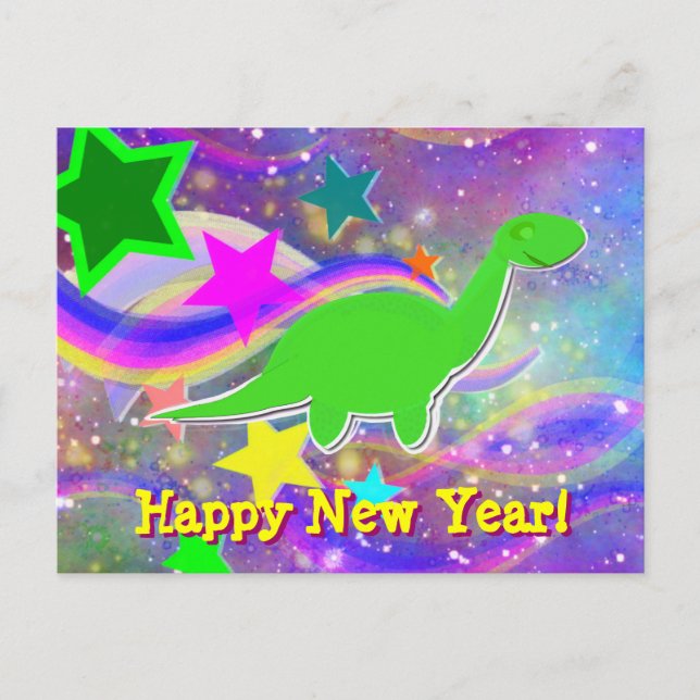 Dinosaur Stars & Swirls Happy New Year Postcard (Front)