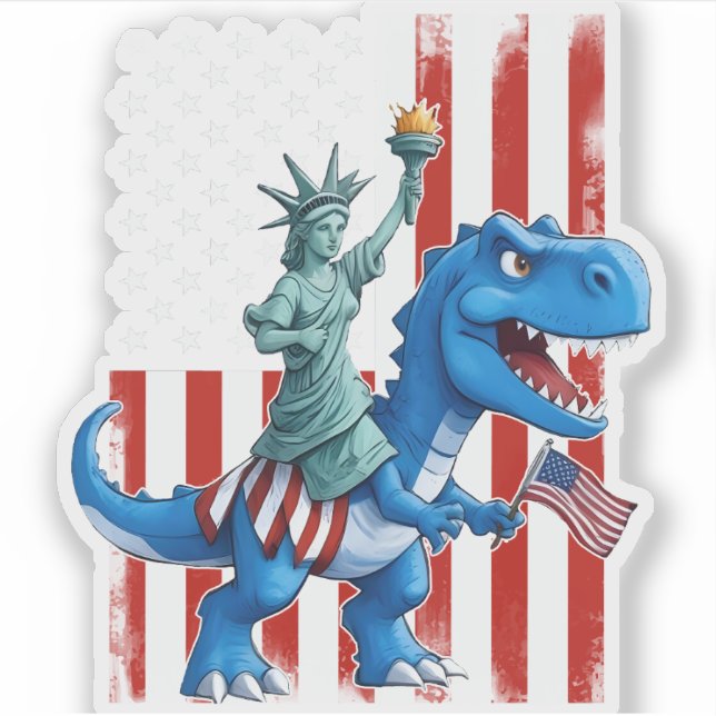 Dinosaur Statue Liberty 4th Of July American Flag Sticker (Front)