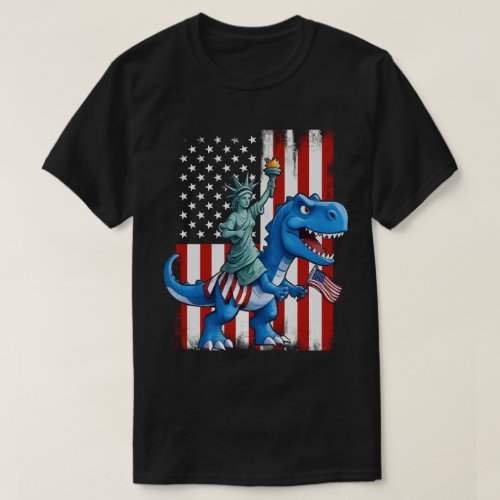 Dinosaur Statue Liberty 4th Of July American Flag T_Shirt