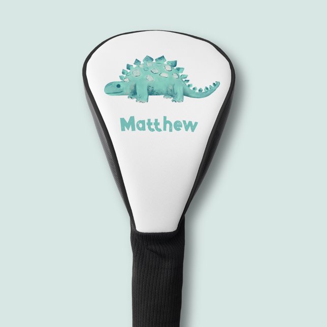 Dinosaur Stegosaurus First Name Golf Head Cover (Dinosaur golf head cover with cute stegosaurus design. Personalize with you your own name or text.)