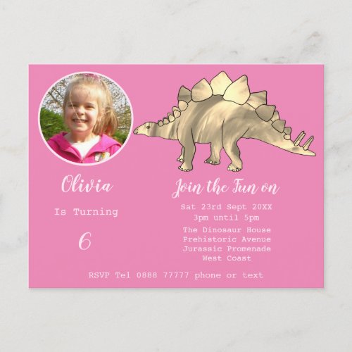 Dinosaur Stegosaurus Girls Birthday Pink Photo Inv Invitation Postcard