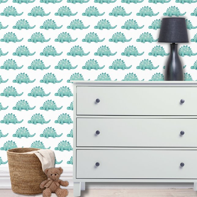 Dinosaur stegosaurus kids wallpaper  (Dinosaur wallpaper with stegosaurus design on white for boys bedroom, playroom or nursery.)