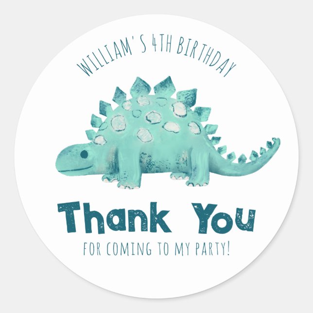Dinosaur Stegosaurus Thank you Boys Birthday Party Classic Round Sticker (Front)