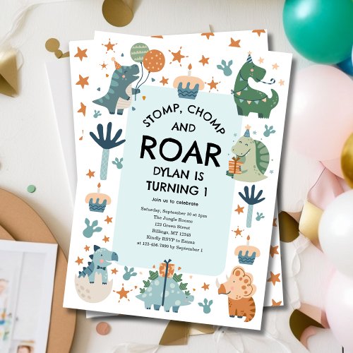 Dinosaur Stomp Chomp and Roar First Birthday  Invitation