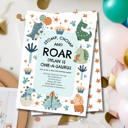 Dinosaur Stomp Chomp and Roar First Birthday  Invitation