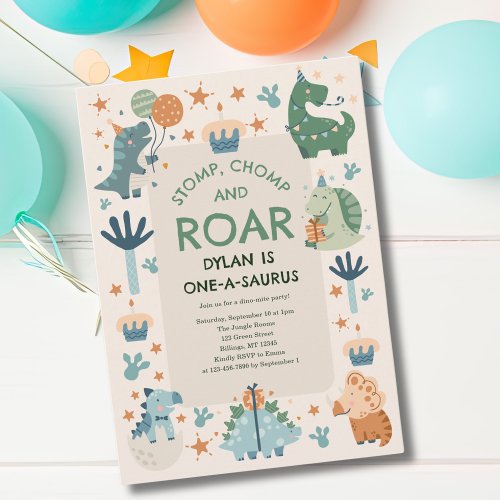 Dinosaur Stomp Chomp and Roar First Birthday  Invitation