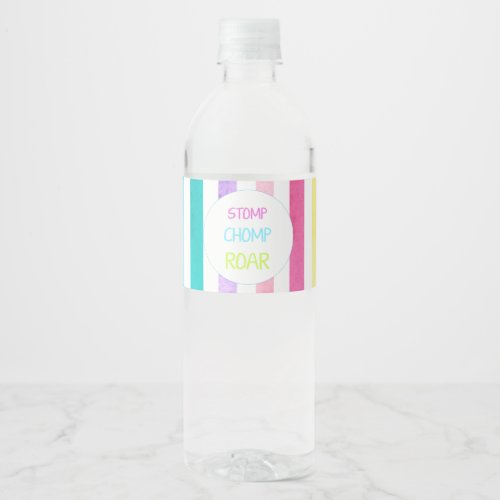 Dinosaur stomp chomp and roar with pastel stripes water bottle label
