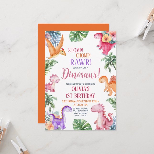 Dinosaur Stomp Chomp Rawr 1st Birthday GIRL Party Invitation (Front/Back In Situ)