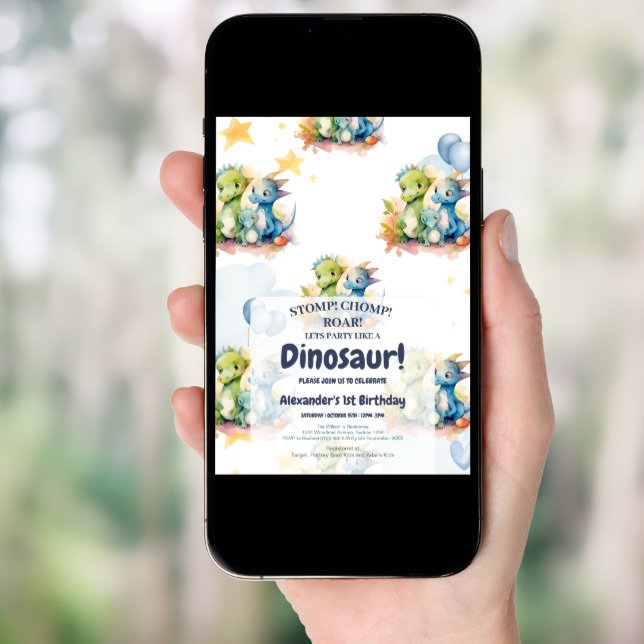 Dinosaur Stomp Chomp Rawr 1st Birthday Party Boy Invitation (Front Digital)