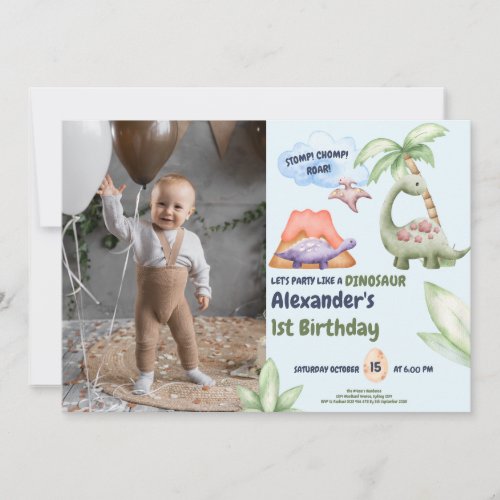 Dinosaur Stomp Chomp Rawr 1st Birthday Party Boy Invitation