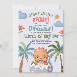 Dinosaur Stomp Chomp Rawr 1st Birthday Party Boy Invitation
