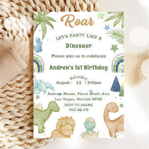 Dinosaur Stomp Chomp Rawr 1st Birthday Party Boy Invitation