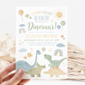 Dinosaur Stomp Chomp Rawr 1st Birthday Party Boy Invitation