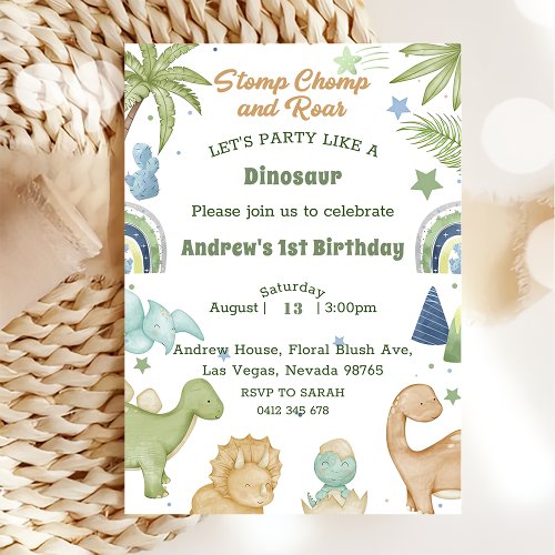 Dinosaur Stomp Chomp Rawr 1st Birthday Party Boy Invitation