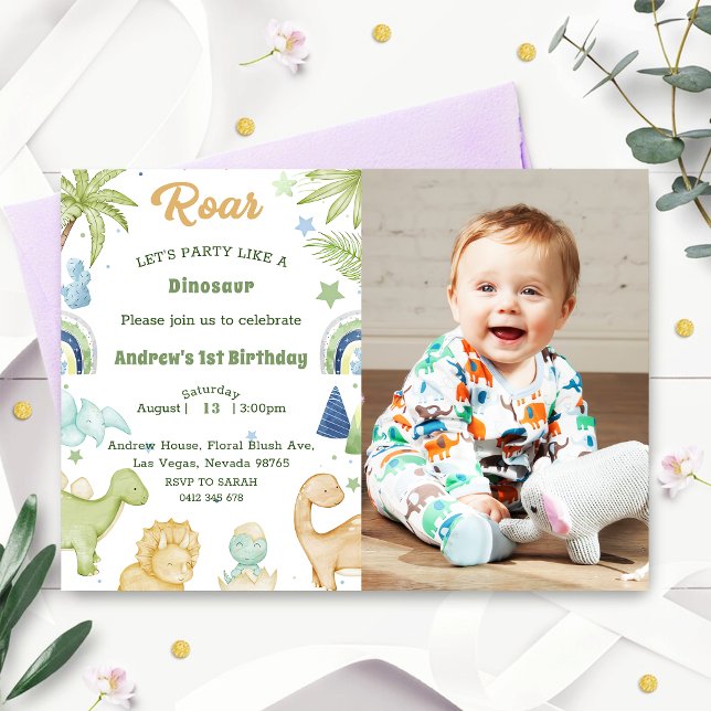 Dinosaur Stomp Chomp Rawr 1st Birthday Party Boy Invitation (Creator Uploaded)