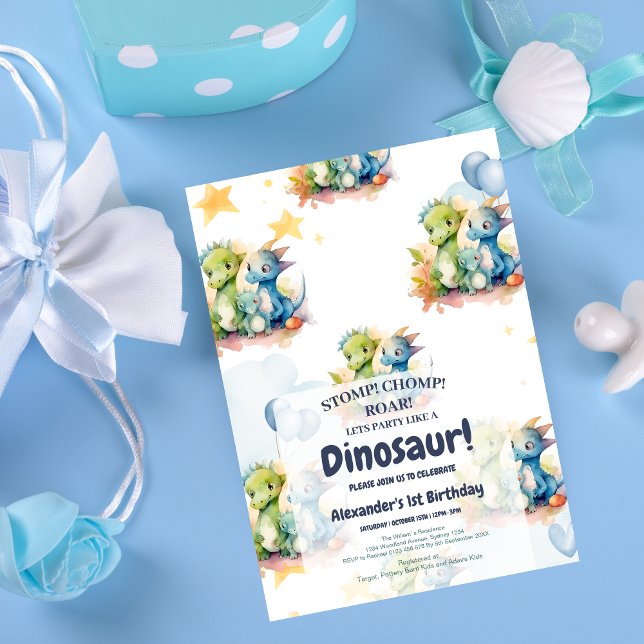 Dinosaur Stomp Chomp Rawr 1st Birthday Party Boy Invitation (Creator Uploaded)