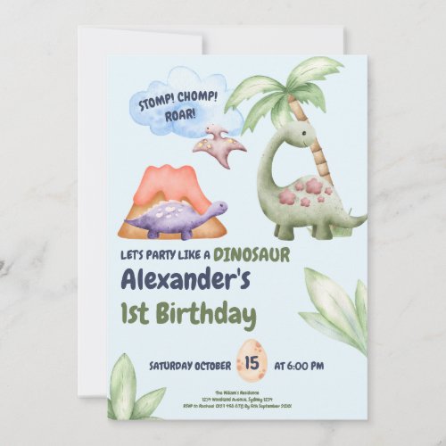 Dinosaur Stomp Chomp Rawr 1st Birthday Party Boy Invitation