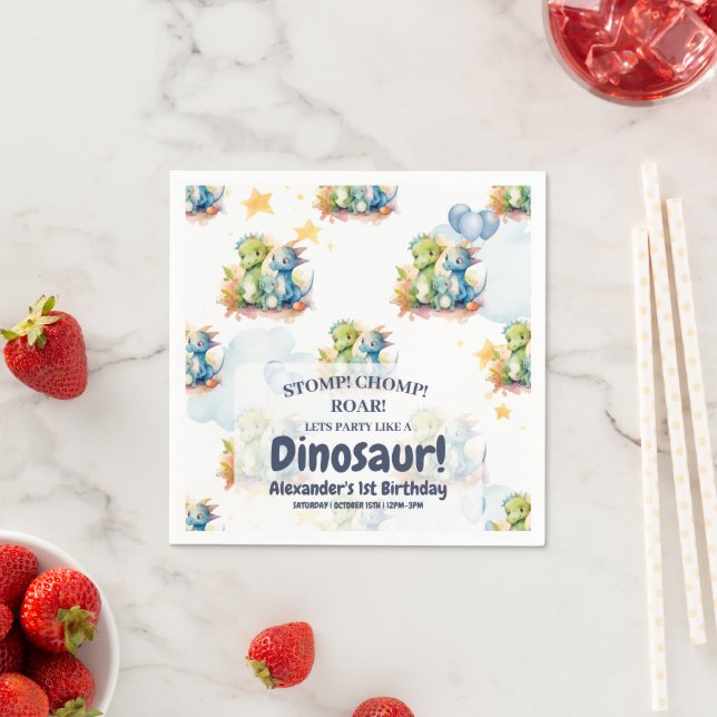 Dinosaur Stomp Chomp Rawr 1st Birthday Party Boy Napkins (Insitu)