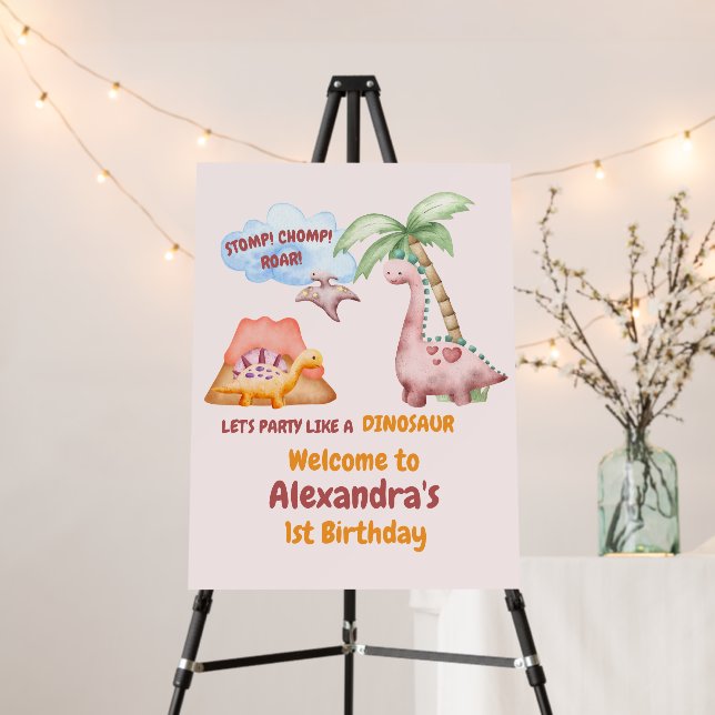 Dinosaur Stomp Chomp Rawr 1st Birthday Party girl Foam Board (In Situ (Stand))