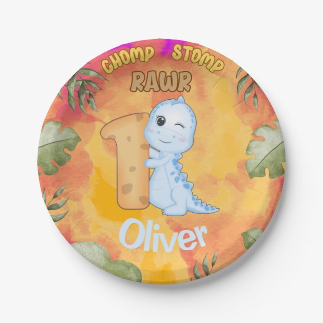 Dinosaur Stomp Chomp Rawr 1st birthday party Paper Plates (Front)