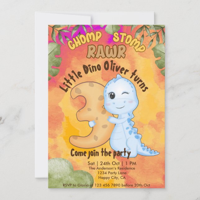 Dinosaur Stomp Chomp Rawr 3rd birthday party Invitation