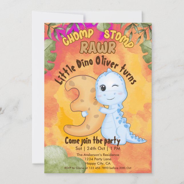 Dinosaur Stomp Chomp Rawr 3rd birthday party Invitation (Front)