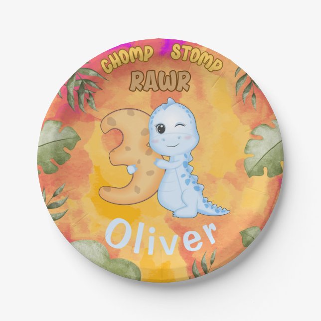Dinosaur Stomp Chomp Rawr 3rd birthday party Paper Plates (Front)