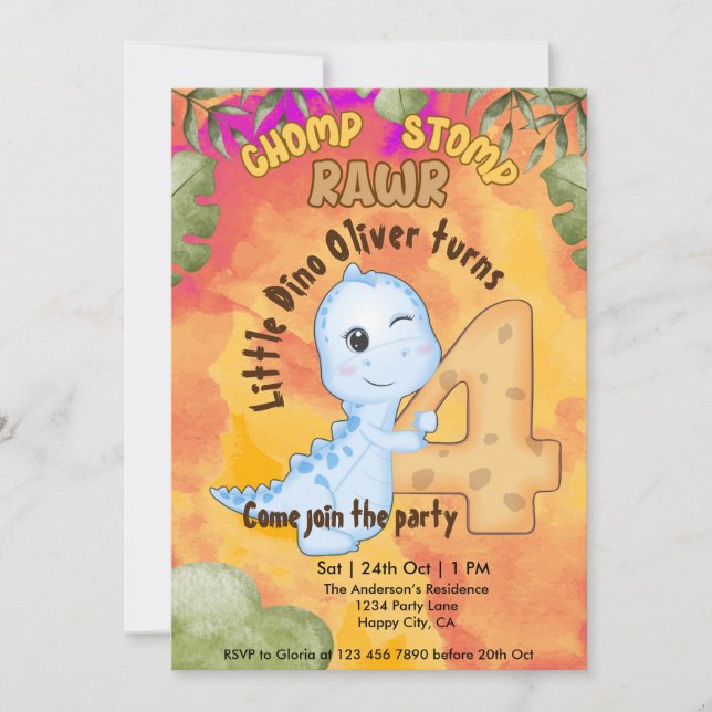 Dinosaur Stomp Chomp Rawr 4th birthday party Invitation (Front)