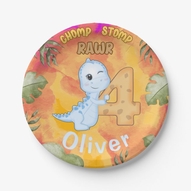 Dinosaur Stomp Chomp Rawr 4th birthday party Paper Plates (Front)