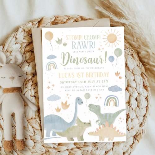 Dinosaur Stomp Chomp Rawr Boy 1st Birthday Invitation