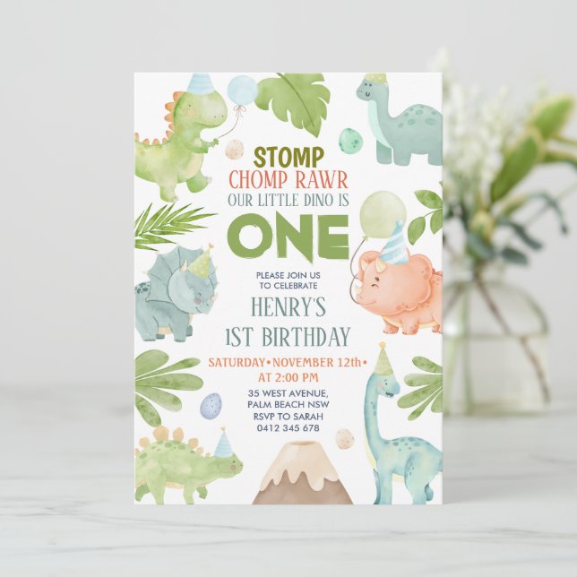 Dinosaur Stomp Chomp Rawr Boy Dino 1st Birthday Invitation (Standing Front)